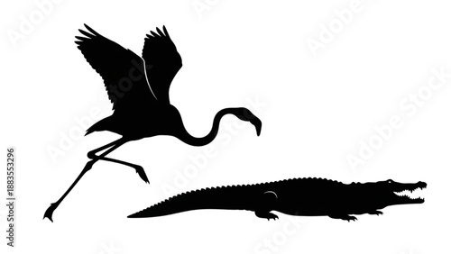 Dynamic Contrast Majestic Flamingo and Powerful Crocodile Wildlife Silhouette Art