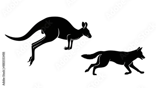 Dynamic black silhouettes featuring a leaping kangaroo and a swift running wild canine