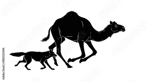 Striking silhouette of a desert camel and a wild wolf running in unison