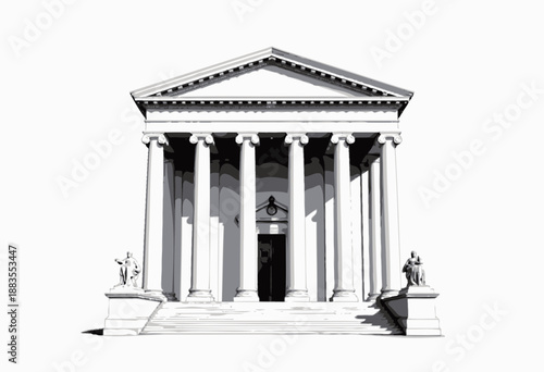 Grand Neoclassical Building with Symmetrical Corinthian Columns and Sculptures Flanking Entrance Against a Clear Sky