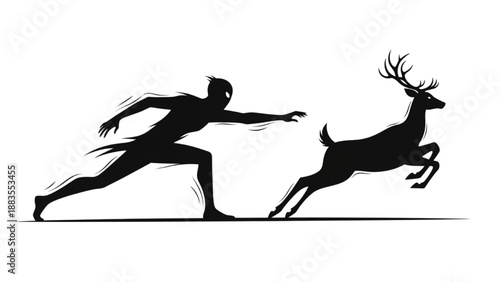 Man chasing a deer silhouette, abstract representation of the hunt or pursuit