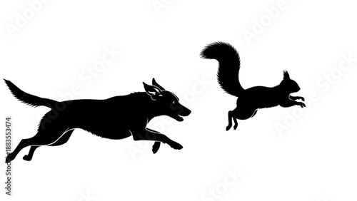 Dynamic silhouette of a dog pursuing a squirrel, an active depiction of nature's chase