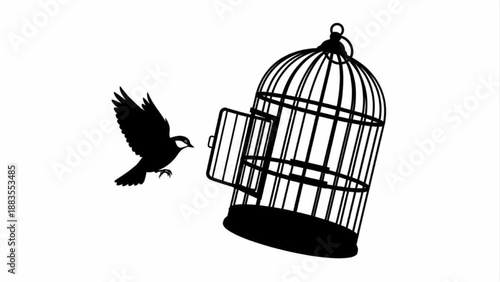 Bird flying out of an open cage, symbolizing freedom and new beginnings