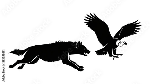 A fierce wolf running and a vulture soaring in the sky, a hunting scene