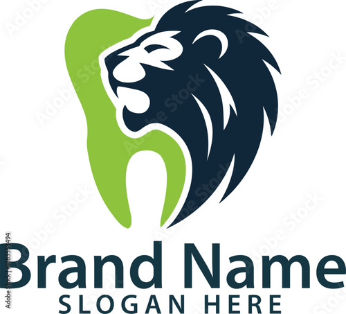 Lion head logo with green tooth graphic brand name and slogan placeholder vector illustration