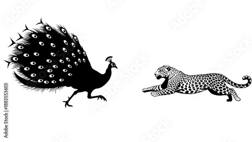 Silhouette of a running leopard and a proud peacock with spread tail feathers