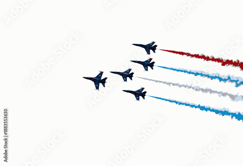 Formation Flight by Precision Aircraft Display Smoke Trails in Vibrant National Colors Against a Clear Blue Sky