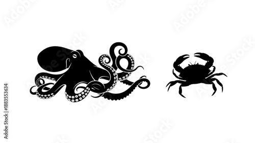 Stylized black silhouettes of an octopus and a crab, representing diverse marine life and ocean inhabitants in a simple graphic design