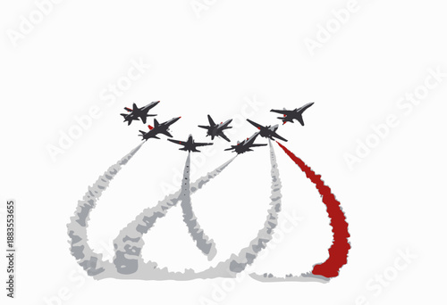 A stunning aerial display featuring six jet planes performing a synchronized flight formation, with colorful smoke trails of red, white, and blue against a clear sky.