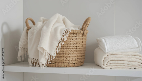 Minimalist woven basket with linen towels on a bathroom shelf
