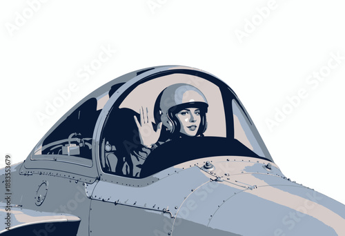 Portrait of a Confident Aviator in the Cockpit of a Modern Fighter Jet Waving from Under a Protective Helmet with a Clear Blue Sky Background