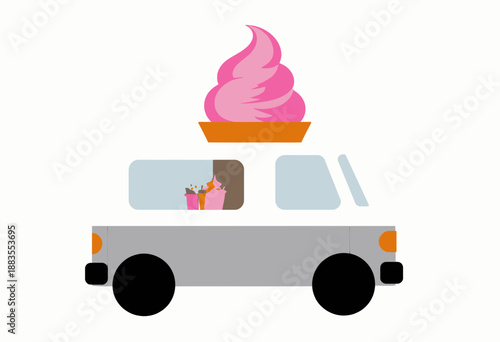 Illustration of a Whimsical Ice Cream Truck with Pink Ice Cream Cone on Top and Refreshments Inside