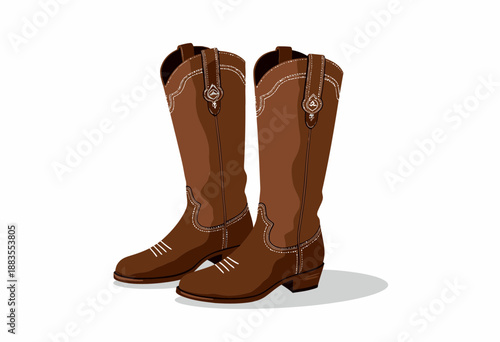 Illustration of Classic Western Cowboy Boots with Detailed Stitching and Brown Leather Texture in a Side-by-Side Standing Position on White Background
