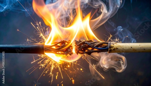 Fiery explosion sparks as electric wires collide and short circuit