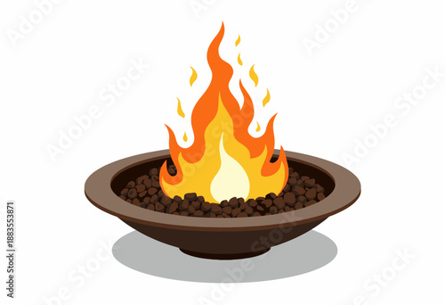 Illustration of a Decorative Fire Pit with Flames Rising Above Smooth Pebbles on a Rustic Dish-Shaped Base Against a Clean White Background