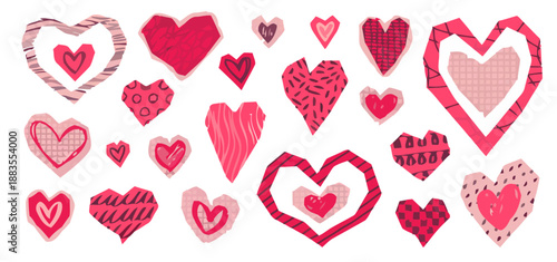Collection of assorted hand-drawn hearts in various patterns and shades of red, centered on a plain background, viewed from directly above.