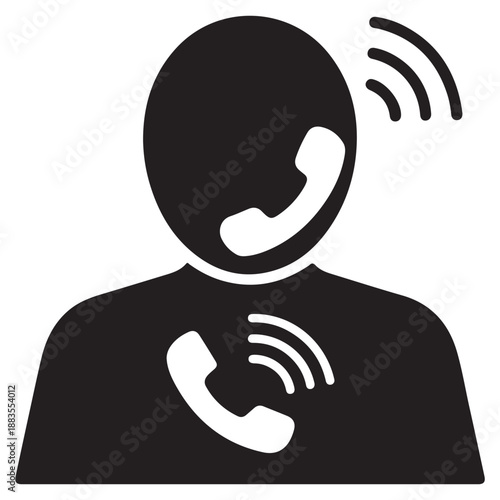Black silhouette of a person representing a call center agent or telemarketer with telephone receivers near head and chest symbolizing professional communication and incoming outgoing calls