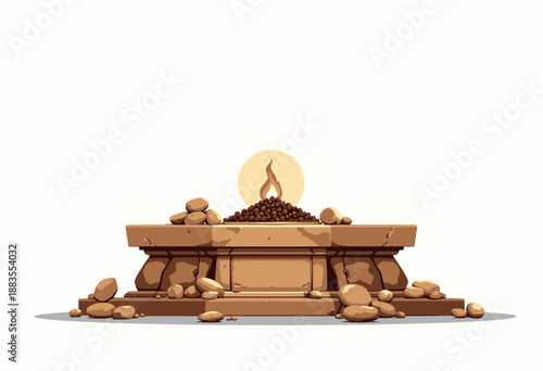 Ancient Stone Altar with Glowing Sacred Fire Surrounded by Pebbles and Rocks in a Mystical Setting Symbolizing Spiritual Ritual and Ceremony