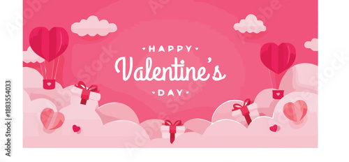 Celebrating Valentine's Day with Heart-Shaped Balloons and Love Symbols Floating Among Clouds from a Bird's Eye View