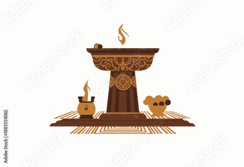 Intricate Wooden Altar with Sacred Flames and Decorative Bowls Embodying Spiritual Practices and Cultural Traditions in a Minimalist Setting