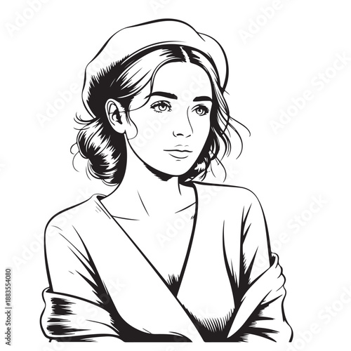 Elegant young woman with curly hair wearing chic beret and stylish draped top vector illustration sophisticated female looking sideways isolated on transparent background
