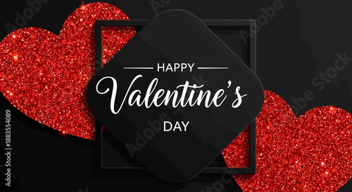 Valentine's Day Celebration with Glittery Hearts and Festive Text on Dark Background Illustration