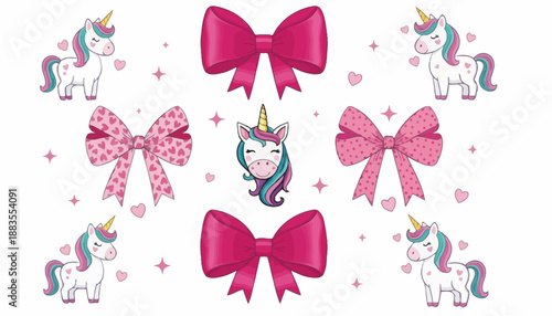 A vibrant pattern of cartoon unicorns and bows on a white background with a whimsical touch