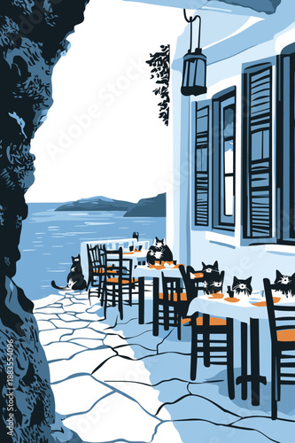 Charming Seaside Café with Cats and Coastal View