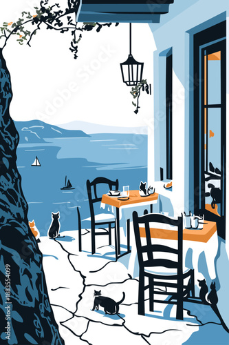 Charming Seaside Café with Cats and Coastal View