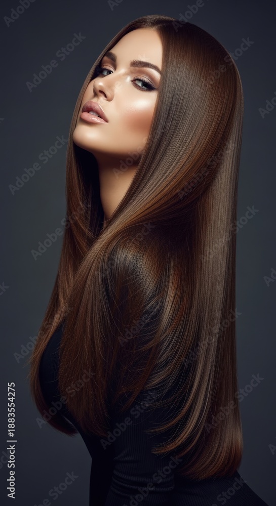 Fototapeta premium Captivating portrait of a beautiful woman with long, lustrous brown hair styled to perfection, exuding elegance and modern glamour against a deep, subtle background