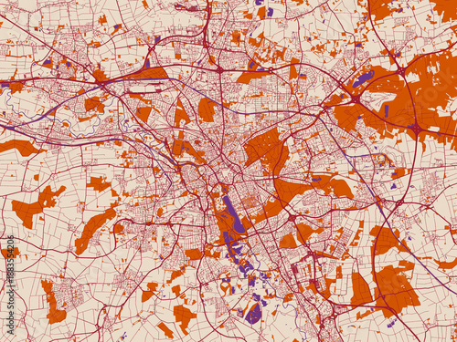 City map of Hannover, Germany — cream-toned map field with burgundy roads, terracotta highlights and muted violet water shapes