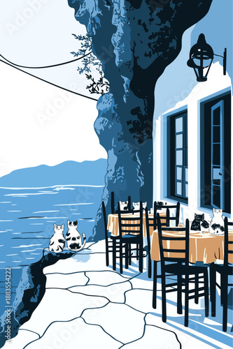 Charming Seaside Café with Cats and Coastal View