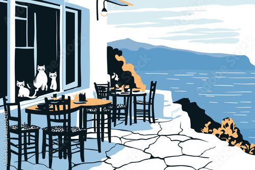 Charming Seaside Café with Cats and Coastal View