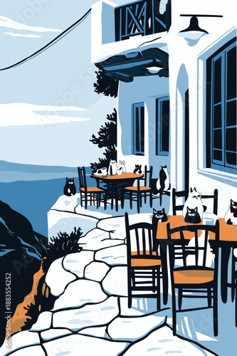 Charming Seaside Café with Cats and Coastal View