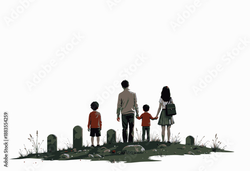 Family Reflecting Together at a Peaceful Cemetery on a Clear Day for Remembrance and Tribute to Loved Ones