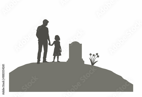 Silhouette of Father and Daughter Holding Hands Near a Tombstone, Conveying Themes of Love, Loss, and Remembrance in a Tranquil Cemetery Setting