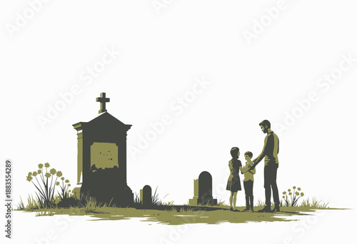 A family stands in a quiet cemetery, honoring loved ones, amidst aged tombstones and gentle flowers, capturing a poignant moment of remembrance and connection.