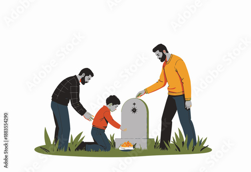Illustration of Somber Family Paying Respects at a Grave with Father, Child, and Adult Figure in Thoughtful Reflection on Loss and Memory