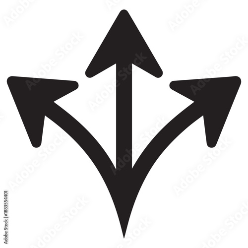 Three black arrows branching out from a single point pointing upward and sideways symbolizing choice options divergence or different paths in a business or life scenario vector icon