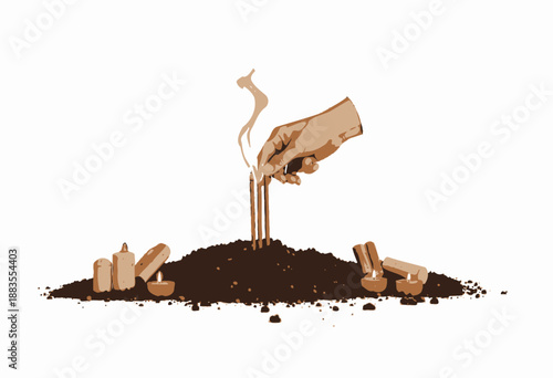 Hand Gently Lighting Incense Sticks Amidst Aromatic Candles and Coffee Beans Creating a Warm and Inviting Atmosphere on White Background