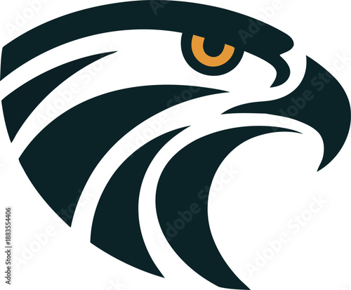 Stylized eagle head logo with sharp beak and yellow eye dark blue and white feathers on plain background symbolizing strength and freedom perfect for sports or business branding