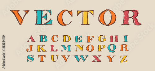 Pop Art Uppercase Serif Font Alphabet Crayon Chalk Style Drawing Vector Set