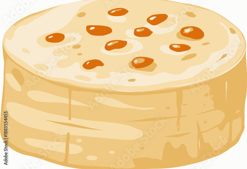 Illustration of a round cheese wheel with a creamy texture and visible orange nuts on top, displaying detailed surface and decorative editing style