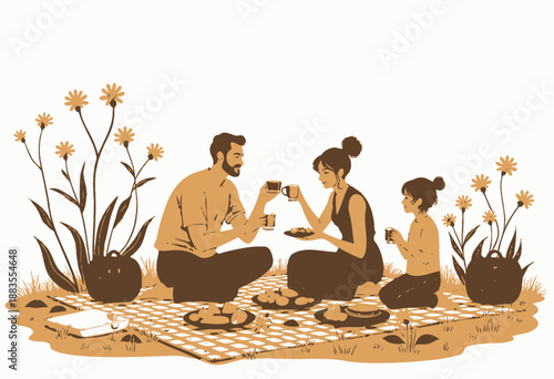 Family enjoying a delightful outdoor picnic on a warm, sunny day with red checkered blanket and wicker baskets surrounded by vibrant yellow flowers