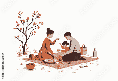 Family enjoying a serene autumn picnic on a cozy blanket surrounded by nature, sharing warm drinks and delicious snacks with a picturesque tree in the background