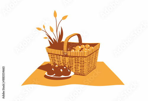 Woven Basket with Fresh Fruits and Vegetables Accompanied by Elegant Floral Arrangement on a Picnic Blanket