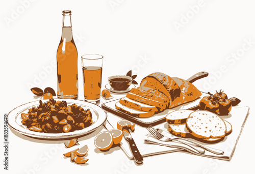 A Cozy Breakfast Spread Featuring Fresh Berries, Sliced Bread, and Refreshing Drinks on a White Table with Simple Decorative Accents