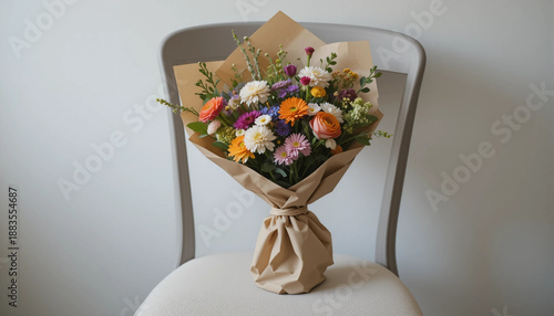 Bouquet of flowers with freshness on a wooden chair with a light background for decoration