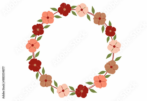 Colorful Floral Wreath Illustration Featuring Red and Pink Flowers with Green Leaves in a Circular Arrangement on a White Background