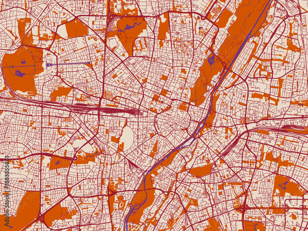 Naklejka premium Street network map of Munchen, Germany, featuring minimal cream city base with wine-red streets, terracotta accents and soft purple water areas
